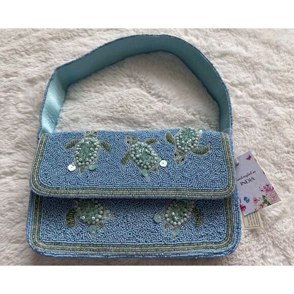 Handcrafted In India Sea Turtle Beaded Shoulder Bag Blue Green Aqua Viral NEW - Picture 1 of 16
